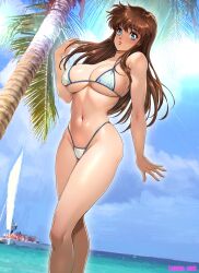  artist_name bare_arms bare_shoulders bikini blue_eyes breasts brown_hair cleavage commentary_request dangaiou female hand_up highleg highleg_bikini highres large_breasts lips long_hair looking_at_viewer mia_alice navel oyaman parted_lips photo_background shiny_skin solo stomach swimsuit thighs 