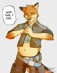  absurd_res belt canid canine clothed clothing codyf0xx crop_top dadbod dakota_mathews dipstick_ears ear_markings english_text fox fur hi_res male mammal multicolored_ears orange_body orange_fur shirt speech_bubble streetwear techwear text topwear yellow_eyes 