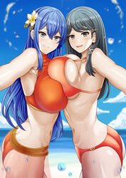  2girls :d absurdres armpit_crease ass bare_shoulders beach bikini bikini_skirt blue_eyes blue_hair blue_sky blush breast_press breasts caeda_(fire_emblem) caeda_(summer)_(fire_emblem) cleavage closed_mouth cloud commission cowboy_shot day english_commentary fire_emblem fire_emblem:_mystery_of_the_emblem fire_emblem:_shadow_dragon_and_the_blade_of_light fire_emblem_heroes flower groin hair_between_eyes hair_flower hair_ornament hairclip heart heart_hair_ornament highres in-franchise_crossover large_breasts long_hair looking_at_viewer multiple_girls navel ocean official_alternate_costume open_mouth oribe_tsubasa outdoors outstretched_arm red_bikini saikunartworks see-through see-through_skirt sidelocks skirt sky smile standing stomach swept_bangs swimsuit symmetrical_docking teeth tokyo_mirage_sessions_fe upper_teeth_only water_drop 