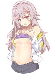  bare_shoulders black_shorts blush breasts casual clothes_lift collarbone commentary_request cowboy_shot female grey_hair hair_between_eyes hair_intakes hair_ornament hairclip hands_up highres jacket jewelry jitome kinoshita_kaede lifting_own_clothes long_hair long_sleeves looking_at_viewer medium_breasts navel necklace no_bra oerba_yun_fang official_alternate_costume open_clothes open_jacket open_mouth presenting_breasts purple_shirt raised_eyebrows red_eyes shirt shirt_lift shorts shy simple_background skin_fang sleeveless sleeveless_shirt solo stomach tenshi_souzou_re-boot! thick_eyebrows underboob upturned_eyes very_long_hair white_background white_jacket yukichi_(nyarome-busters) 