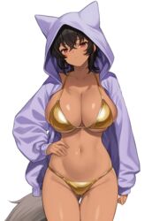  animal_hood arm_at_side ass_visible_through_thighs bikini black_hair breasts brown_eyes cleavage collarbone commentary_request crossed_bangs dark-skinned_female dark_skin female gold_bikini hair_between_eyes hand_on_own_hip highres hood hoodie hoshoku_club large_breasts looking_at_viewer medium_hair navel oogami_itsuki_(takunomi) parted_lips purple_hoodie simple_background solo standing stomach swimsuit tail takunomi thigh_gap white_background wolf_girl wolf_tail 