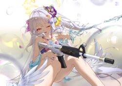  absurdres angel_wings ass assault_rifle azusa_(blue_archive) azusa_(swimsuit)_(blue_archive) bare_arms bare_legs bare_shoulders bikini blue_archive blush collarbone feathered_wings feet_out_of_frame female flower frilled_bikini frills grey_hair gun hair_between_eyes hair_flower hair_ornament halo highres holding holding_gun holding_weapon long_hair m4_carbine official_alternate_costume one_eye_closed open_mouth purple_eyes purple_flower rein_yukimatsu rifle smile solo swimsuit water weapon white_wings wings yellow_halo 