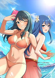  2girls :d back back-to-back bare_shoulders bikini bikini_skirt blue_eyes blue_hair blue_sky blush breasts caeda_(fire_emblem) caeda_(summer)_(fire_emblem) camera_flash cellphone cleavage cloud collarbone commission cowboy_shot day english_commentary fire_emblem fire_emblem:_mystery_of_the_emblem fire_emblem_heroes flower grin groin hair_between_eyes hair_flower hair_ornament hairclip heart heart_hair_ornament highres holding holding_phone in-franchise_crossover indoors large_breasts long_hair looking_at_viewer multiple_girls namu_(112namu) navel ocean official_alternate_costume one_eye_closed open_mouth oribe_tsubasa phone pixiv_commission red_bikini see-through see-through_skirt selfie sidelocks skirt sky smartphone smile standing stomach sunlight swept_bangs swimsuit teeth tokyo_mirage_sessions_fe wading 