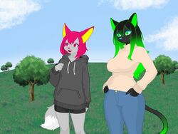  4:3 anthro black_body black_clothing black_fur black_hair black_hotpants blue_bottomwear blue_clothing blue_eyelashes blue_jeans blue_nose blue_pants bottomwear canid canine cel_shading chiyo_(thekitsuyt) clothing cloud colored denim denim_bottomwear denim_clothing digital_media_(artwork) domestic_cat duo eyelashes felid feline felis female fox fur grass green_ear_frill green_eyes green_hair grey_body grey_clothing grey_fur grey_hoodie grey_sweatshirt grey_topwear gure_(thekitsuyt) hair hand_in_pocket hi_res hoodie hotpants jeans mammal pants pink_eyes pink_hair pink_nose plant pockets purple_eyelashes shaded shorts sky sweater sweatshirt tan_clothing tan_sweater tan_topwear thekitsuyt topwear tree white_body white_fur yellow_button yellow_ear_fluff yellow_ear_frill 