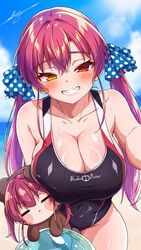  :&lt; =_= animal_costume ball beachball bear_costume blue_sky blush breasts cleavage clothes_writing cloud cloudy_sky collarbone commentary_request covered_navel crossed_bangs day female grin hachiman_tanuki hair_between_eyes heterochromia highres hololive houshou_kumarine houshou_marine large_breasts long_hair looking_at_viewer one-piece_swimsuit outdoors polka_dot red_eyes red_hair sky smile solo swimsuit twintails virtual_youtuber yellow_eyes 