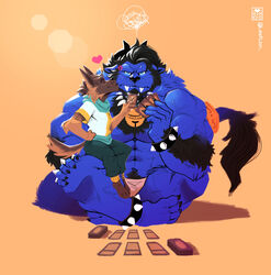  abs accessory angry anklet anthro arm_tuft azune_tonkotsu beard behemoth_(final_fantasy) bell bell_collar black_hair black_horn blue_body blue_fur bottomwear bracelet brown_body brown_fur canid canine canis card_game claws closed_eyes clothing collar cross-popping_vein domestic_dog duo facial_hair fangs final_fantasy finger_claws fur furgonomics gaming ginkko green_bottomwear green_clothing green_pants hair heart_symbol hi_res holding_card horn hunting_dog jewelry kissing_cheek larger_anthro larger_male legband loincloth male male/male mammal muscular muscular_anthro muscular_male navel on_lap pants pecs quaid ring scribbles shirt sighthound sitting_on_lap size_difference smaller_anthro smaller_male spiked_anklet spiked_bracelet spiked_collar spiked_legband spikes square_enix tail tail_accessory tail_jewelry tail_ring tail_tuft teeth toe_claws topwear tuft vein veiny_muscles whippet whiskers white_clothing white_shirt white_topwear yellow_band 