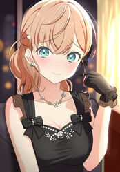  absurdres black_dress black_gloves blurry blurry_background blush bow breasts cleavage closed_mouth collarbone commentary_request cross cross_necklace dress earrings female flower flower_necklace frilled_gloves frills gloves green_eyes hair_ornament hand_up highres hinoshita_kaho hinoshita_kaho_(17th_birthday) jewelry large_breasts light_brown_hair link!_like!_love_live! long_hair looking_at_viewer love_live! medium_hair necklace nervous orange_hair playing_with_own_hair ponytail see-through sleeveless sleeveless_dress smile upper_body zanpon 