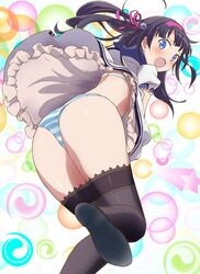  ass bent_over black_footwear black_hair black_thighhighs blue_eyes blue_panties blush bra clothes_lift commentary_request commission dress dress_lift dress_tug female frown gal_gun_double_peace hair_ribbon hairband highres kamizono_shinobu komatsu_(sakanae) leaning_forward leg_up long_hair looking_at_viewer looking_back open_mouth panties partial_commentary pixiv_commission puffy_short_sleeves puffy_sleeves purple_hairband purple_ribbon ribbon sakurachi_academy_school_uniform school_uniform shoes short_dress short_sleeves solo standing standing_on_one_leg striped_clothes striped_panties thighhighs underwear white_bra white_dress wind wind_lift 