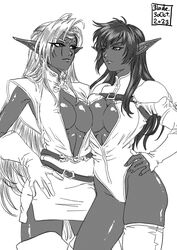  2girls arshes_nei bastard!! blade_of_fury breast_press breasts center_opening cleavage_cutout clothing_cutout dark-skinned_female dark_elf dark_skin elf gloves greyscale head_chain highleg jewelry large_breasts long_hair miniskirt monochrome multiple_girls pirotess pointy_ears record_of_lodoss_war skirt take_your_pick thighhighs zettai_ryouiki 