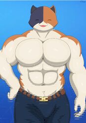  abs anthro big_pecs calico_cat clothed clothing digital_media_(artwork) domestic_cat epic_games felid feline felis fortnite fortnite:_battle_royale hi_res huge_pecs male mammal meowscles muscular muscular_anthro muscular_male nitrozo pecs simple_background smile solo 