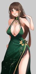  bare_shoulders black_survival blush breasts brown_hair charon_(duddnd2361) cleavage clover-shaped_pupils dress eternal_return:_black_survival evening_gown female green_dress green_eyes grey_background gweon_sua highres jewelry large_breasts long_hair looking_at_viewer necklace plunging_neckline side_slit simple_background sleeveless sleeveless_dress smile solo symbol-shaped_pupils very_long_hair 