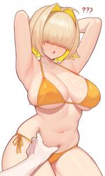  1other ? ?? absurdres ahoge armpits arms_behind_head belly_grab bikini blonde_hair breasts covered_eyes elegg_(nikke) female full_body goddess_of_victory:_nikke grabbing_another&#039;s_stomach hair_intakes hair_over_eyes highres large_breasts meme moursho navel nejime open_mouth orange_bikini pinching pov pov_cheek_grabbing_(meme) pov_hands short_hair side-tie_bikini_bottom sitting solo_focus swimsuit white_background 