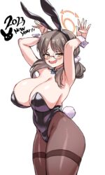  absurdres animal_ears arms_up black_leotard blue_archive bow bowtie breasts brown_hair cleanerjay covered_navel drooling fake_animal_ears fake_tail female glasses halo highres huge_breasts leotard long_hair looking_at_viewer low_twintails moe_(blue_archive) mouth_drool new_year open_mouth pantyhose playboy_bunny rabbit_ears rabbit_pose rabbit_tail simple_background solo strapless strapless_leotard tail twintails white_background wrist_cuffs yellow_eyes 