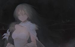  black_background breasts brh capelet cleavage commentary_request dress female floating_hair flower fur_trim grey_eyes grey_hair hair_between_eyes highres long_hair looking_at_viewer original parted_lips solo strapless strapless_dress upper_body white_capelet white_dress 