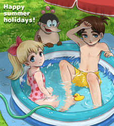  1boy 1other arm_up barefoot bariquand_(chargeman_ken!) bird blonde_hair blue_eyes brown_hair chargeman_ken! collarbone duck female grass highres izumi_caron izumi_ken light_smile male_swimwear olive_(piiiino965) open_mouth outdoors pink_ribbon ponytail pool ribbon siblings summer swim_trunks swimsuit topless_male wading_pool water 