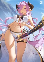  absurdres bare_shoulders between_legs bikini blue_eyes blue_sky braid braided_bun breasts brown_horns commentary_request double_bun draph female forward_facing_horns from_below granblue_fantasy hair_bun hair_over_one_eye highres horns katana large_breasts long_hair looking_at_viewer mouth_hold narmaya_(granblue_fantasy) narmaya_(summer)_(granblue_fantasy) navel official_alternate_costume official_alternate_hairstyle palm_leaf palm_tree pointy_ears rein_yukimatsu ribbon ribbon_in_mouth showgirl_skirt sky solo stomach swimsuit sword thigh_strap thighs tree very_long_hair weapon white_bikini 