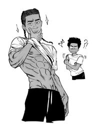  !? 2boys ^^^ afro braided_dreadlocks clothes_lift dark-skinned_male dark_skin hand_on_own_chin jungyun99 looking_at_another male_focus marvel miles_g._morales miles_morales multiple_boys multiple_persona muscle_envy nipples pants pectorals shirt_lift smirk sparkle spider-man:_across_the_spider-verse spider-man_(series) spider-verse sweatpants toned toned_male 