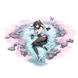  absurdres bare_shoulders black_hair black_pantyhose black_shorts blush breasts bug butterfly butterfly_hair_ornament character_request female full_body hair_ornament high_heels highres long_hair looking_at_viewer medium_breasts off-shoulder_shirt off_shoulder official_art pantyhose partially_submerged see-through see-through_shirt shanyao_jiang_tororo shirt short_shorts shorts siris_(snowbreak) snowbreak:_containment_zone solo wet wet_clothes 