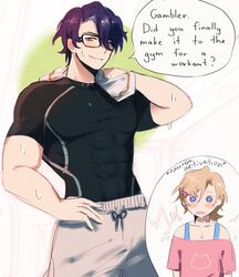  2boys abs aventurine_(honkai:_star_rail) blonde_hair blush_stickers bra_strap dr._ratio_(honkai:_star_rail) english_text glasses gym_shorts highres honkai:_star_rail honkai_(series) looking_at_viewer male_focus meme multiple_boys muscular muscular_male myotaron neck_tattoo neuron_activation_(meme) off_shoulder otoko_no_ko pink_shirt purple_hair shirt short_hair short_sleeves shorts skin_tight skirt speech_bubble sweat t-shirt tattoo towel 