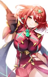  black_gloves bob_cut breasts closed_mouth commentary core_crystal_(xenoblade) earrings female fingerless_gloves gloves highres jewelry large_breasts looking_at_viewer pointing ponfu_y pyra_(xenoblade) red_eyes red_hair red_shorts short_hair short_shorts shorts simple_background smile solo swept_bangs symbol-only_commentary tiara upper_body white_background xenoblade_chronicles_(series) xenoblade_chronicles_2 