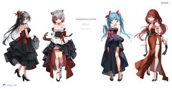  4girls absurdres akane_lize animal_ear_fluff animal_ears ankle_lace-up ankle_strap arahashi_tabi arm_behind_back armband armpit_crease armpits back_bow badge bare_arms bare_legs bare_shoulders black_armband black_bow black_choker black_dress black_footwear black_gloves black_hair blonde_hair blue_eyes blue_hair blunt_bangs blush bow bracelet breasts butterfly_hair_ornament button_badge cat_ears cat_girl cat_tail champagne_flute choker cleavage closed_mouth collarbone colored_inner_animal_ears colored_inner_hair commentary_request congratulations copyright_name corset cross cross_earrings cross_necklace cup dated dress drink drinking_glass drop_earrings earrings elbow_gloves eyes_visible_through_hair fang_out firehippo floating_hair flower footwear_bow frilled_gloves frills from_side front_bow full_body gloves grey_bow grey_eyes grey_hair grey_ribbon grey_tail group_name haedungi_(shirayuki_hina) hair_between_eyes hair_flower hair_in_own_mouth hair_intakes hair_ornament hair_ribbon hairbow hairclip half_gloves half_updo halterneck hand_up head_tilt heart heart_hair_ornament high-low_skirt high_heels highres holding holding_drink holding_own_hair jewelry knees large_breasts layered_dress long_dress long_hair looking_at_viewer looking_back looking_to_the_side low_twintails maro_(neneko_mashiro) medium_breasts mole mole_under_eye multicolored_clothes multicolored_dress multicolored_hair multiple_girls necklace neneko_mashiro oerba_yun_fang open_mouth pelvic_curtain pienna_(akane_lize) plunging_neckline pungdangi_(arahashi_tabi) purple_eyes raised_eyebrows red_armband red_bow red_choker red_dress red_eyes red_hair red_ribbon ribbon ring ringed_eyes shirayuki_hina short_hair side_slit sidelocks sideways_glance simple_background single_earring skindentation skirt_hold sleeveless sleeveless_dress smile standing stellive stiletto_heels strapless strapless_dress strappy_heels streaked_hair striped_bow studded_choker tail tail_bow tail_ornament teeth thick_eyelashes thigh_strap turning_head twintails underbust very_long_hair virtual_youtuber white_background white_dress white_gloves 