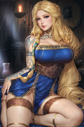  anklet arm_tattoo blonde_hair blue_dress blue_eyes breasts dress english_commentary female freckles god_of_war_ragnarok gold_trim hair_tubes highres jewelry large_breasts lips long_hair looking_at_viewer mature_female neck_tattoo neoartcore paid_reward_available parted_lips sif_(god_of_war) sitting solo tattoo thighlet very_long_hair 