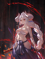  absurdres azusa_(granblue_fantasy) azusa_(summer)_(granblue_fantasy) bandaged_arm bandaged_hand bandages braid braided_ponytail breast_press breasts budget_sarashi commentary_request draph female granblue_fantasy grey_hair hair_ribbon highres hip_vent holding holding_sheath holding_sword holding_weapon horns japanese_clothes katana large_breasts long_hair navel official_alternate_costume official_alternate_hairstyle open_mouth pointy_ears purple_ribbon red_eyes ribbon sarashi sheath simple_background solo sword very_long_hair weapon yu_pian 