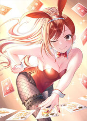  ;) ace_(playing_card) ace_of_spades arisugawa_natsuha bare_shoulders black_pantyhose blush bow bowtie breasts bridal_garter card cleavage collarbone detached_collar female fishnet_pantyhose fishnets highres idolmaster idolmaster_shiny_colors jack_(playing_card) jack_of_spades king_(playing_card) king_of_spades leotard long_hair looking_at_viewer medium_breasts one_eye_closed orange_hair pantyhose playboy_bunny playing_card ponntatta ponytail queen_(playing_card) queen_of_spades red_bow red_bowtie red_leotard royal_flush smile solo spade_(shape) strapless strapless_leotard ten_of_spades very_long_hair wrist_cuffs 