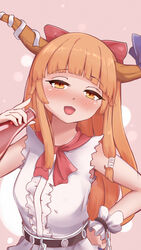  belt blunt_bangs blush bottle bow breasts female hairbow half-closed_eyes hand_on_own_hip highres holding holding_bottle horn_ornament horn_ribbon horns ibuki_suika long_hair looking_at_viewer lykesya neckerchief nose_blush open_mouth orange_hair pink_background red_bow red_neckerchief ribbon shirt sidelocks sleeveless sleeveless_shirt small_breasts torn_clothes torn_sleeves touhou upper_body variant_set white_shirt wrist_cuffs yellow_eyes 