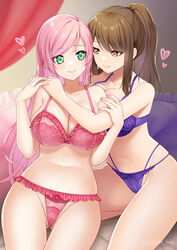  2girls blush bra breasts brown_eyes brown_hair closed_mouth collarbone commentary_request commission curtains frilled_bra frilled_panties frills green_eyes heart highres hug hug_from_behind large_breasts long_hair multiple_girls navel original panties pillow pink_bra pink_hair pink_panties piyosuke_tmg ponytail purple_bra purple_panties sitting skeb_commission smile underwear underwear_only yuri 