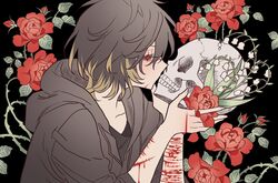  1boy bad_id bad_pixiv_id black_background black_jacket black_shirt bleeding blood brown_hair closed_eyes cuts floral_background flower hands_up highres holding holding_skull hood hooded_jacket injury jacket kissing kissing_skull lily_of_the_valley male_focus meremero profile red_flower red_rose rose scar scar_on_arm scar_on_face self-harm self-harm_scar shirt short_hair skull slow_damage towa_(slow_damage) wrist_cutting 