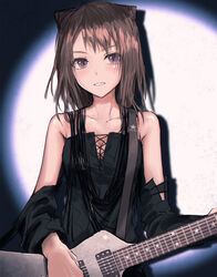  bad_id bad_twitter_id bang_dream! black_dress black_sleeves blush breasts brown_hair bullfalk cleavage collarbone cone_hair_bun cross-laced_clothes cross-laced_dress detached_sleeves double_bun dress electric_guitar female grin guitar hair_bun hair_ears highres holding holding_guitar holding_instrument instrument looking_at_viewer medium_breasts medium_hair parody purple_eyes shiina_ringo sleeveless sleeveless_dress smile solo spotlight tokyo_jihen toyama_kasumi upper_body 