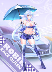  absurdres alternate_costume bare_shoulders blue_footwear blue_hair blue_umbrella boots breasts character_name choker cleavage commentary_request copyright_name crop_top female green_eyes halo head_wings highres holding holding_umbrella honkai:_star_rail honkai_(series) large_breasts long_hair looking_at_viewer midriff miniskirt navel off_shoulder pencil_skirt purple_choker purple_skirt robin_(honkai:_star_rail) sefilom skirt smile solo spaghetti_strap stomach thigh_boots umbrella very_long_hair wings zettai_ryouiki 