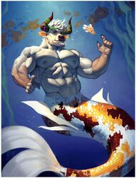  1boy abs absurdres algae animal_ears axel_(axelwarriorvs) bara beard black_sclera chest_tuft colored_sclera cow_ears cow_horns facial_hair fingernails fish full_beard furry furry_male goldfish goldfish_boy gradient_skin highres horns large_pectorals looking_at_viewer male_focus merman mermay_2024 minotaur monster_boy muscular muscular_male navel nipples nude pectorals plant_horns sharp_fingernails short_hair solo stomach thick_beard underwater white_fur white_hair 