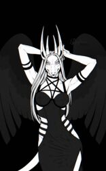  anthro clothed clothing costume dragon dress ear_piercing ear_ring female hi_res horn hybrid line_art long_ears mythological_creature mythological_scalie mythology piercing pinup pose ring_piercing road~abelgeym scalie solo wings 