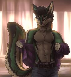  2024 abs anthro athletic athletic_anthro athletic_male bedroom_eyes belt biped black_body black_fur black_hair bottomwear canid canine clothing curtains denim denim_bottomwear denim_clothing digital_media_(artwork) fox fur green_body green_fur grin hair inside jeans kilobytefox koul light looking_at_viewer male mammal muscular narrowed_eyes neck_tuft obliques pants pattern_clothing pecs plaid plaid_clothing seductive smile solo spiky_hair sunlight tail tan_body tan_fur teeth tuft underwear undressing undressing_self whiskers 