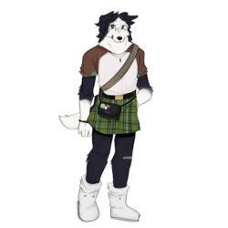  1:1 absurd_res alpha_channel anthro bag band-aid band-aid_on_knee band-aid_on_leg bandage belt black_body black_fur boots border_collie canid canine canis cerberussenn clothed clothing collie countershading domestic_dog floppy_ears footwear fully_clothed fur grey_eyes herding_dog hi_res jewelry kilt male mammal mottled necklace oliver_kang_(cerberussenn) pastoral_dog piebald raglan_shirt scottish sheepdog signature simple_background solo sticker transparent_background white_body white_fur 