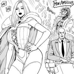  2boys absurdres bald bb_(baalbuddy) black_sclera breasts cape card charles_xavier choker collared_shirt colored_sclera coomer_(meme) corset elbow_gloves emma_frost english_commentary english_text female fur-trimmed_cape fur_trim gambit gloves greyscale hand_on_own_hip highres implied_orgasm jacket large_breasts lips long_hair marvel meme monochrome multiple_boys necktie playing_card revealing_clothes sexually_suggestive shirt simple_background speech_bubble suit suit_jacket thighhighs variant_set white_background x-men 