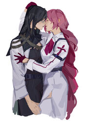  2girls anne_(path_to_nowhere) black_dress black_hair black_lips blush braid closed_mouth coat commentary cowboy_shot cropped_legs dress english_commentary glasses gloves hand_on_another&#039;s_thigh highres imminent_kiss iron_(path_to_nowhere) lab_coat long_hair long_sleeves looking_at_another multiple_girls path_to_nowhere pink_hair red_gloves sickling simple_background single_braid thighhighs very_long_hair white_background white_coat white_thighhighs yuri 