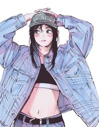  animification baseball_cap belt black_belt black_hair black_sports_bra blue_jacket blush crop_top denim denim_jacket female grey_hat hanni_(newjeans) hat highres jacket looking_to_the_side medium_hair midriff navel newjeans polo_tokki real_life solo sports_bra upper_body white_background 