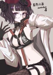  absurdres bare_shoulders bikini black_bikini black_gloves black_skirt breasts cleavage coat fate/grand_order fate_(series) female glasses gloves hair_ornament highres katsushika_hokusai_(9th_anniversary)_(fate) katsushika_hokusai_(fate) long_sleeves looking_at_viewer medium_breasts navel off_shoulder official_alternate_costume purple_eyes purple_hair short_hair skirt solo swimsuit tsukaasa white_coat 