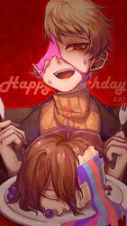  1boy absurdres atou_haruki blonde_hair blood candlesen chinese_commentary closed_eyes commentary_request dated english_text everything_is_cake_(meme) film_grain fork happy_birthday highres holding holding_fork holding_knife isoi_haruki knife male_focus meme nervous_sweating open_mouth pink_blood plate red_eyes ringed_eyes saibou_shinkyoku short_hair smile sweat 