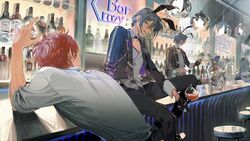  3boys alcohol amagi_rinne animal_ear_hairband animal_ears bar_(place) bartender bishounen black_footwear black_gloves black_jacket black_pants blue_hair bottle coattails collar collared_shirt commentary crazy_b_(ensemble_stars!) cup detached_collar drink drinking_glass elbow_on_table english_commentary ensemble_stars! fake_animal_ears gloves grey_eyes grey_hair grey_vest hair_between_eyes hairband half_gloves highres himeru_(ensemble_stars!) holding holding_drink indoors jacket leaning_forward long_sleeves male_focus male_playboy_bunny midriff mirror multiple_boys on_stool open_clothes open_jacket open_mouth pants pectoral_cleavage pectorals pouring rabbit_ear_hairband rabbit_ears red_hair reflection sanmuyun shiina_niki shirt shoes short_hair short_hair_with_long_locks sitting sitting_on_table sleeves_rolled_up smile teeth vest white_collar white_shirt wine wine_bottle wine_glass 