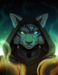  ailurid anthro fantasy glowing glowing_eyes headshot_portrait heterochromia hi_res hood looking_at_viewer magic male mammal portrait red_panda road~abelgeym solo 