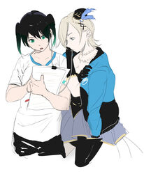  2girls bead_necklace beads black_gloves black_hair black_hat black_pants blonde_hair blue_jacket blue_skirt breasts cleavage closed_mouth co1d_07 collarbone commentary_request cropped_legs elbow_gloves gloves green_eyes green_hair hat highres holding holding_paper i&#039;m_still...(love_live!) jacket jacket_on_shoulders jewelry love_live! love_live!_nijigasaki_high_school_idol_club medium_breasts medium_hair mia_taylor multiple_girls necklace open_mouth pants paper paperclip purple_eyes shirt short_hair short_sleeves sidelocks skirt standing takasaki_yu twintails upper_body white_background white_shirt 