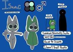  :3 absurd_res blue_background cloak clothed clothing domestic_cat english_text felid feline felis fur gender_symbol gooblie_2 green_cloak green_clothing green_sclera grey_body grey_fur height_comparison hi_res isaac_(gooblie_ii) male mammal model_sheet simple_background solo standing symbol t-pose tail text thick_thighs tuft wide_hips 