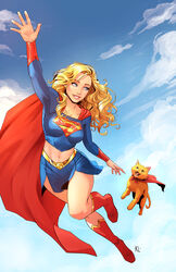  absurdres blonde_hair blue_eyes blue_shirt blue_skirt blue_sky boots cape cloud crop_top day dc_comics feline female flying gold_belt highres initial kath_lobo long_hair looking_at_another midriff miniskirt navel open_mouth orange_cat outdoors print_shirt red_cape red_footwear shirt skirt sky streaky_the_supercat supergirl superman_(series) superman_logo thigh_boots 