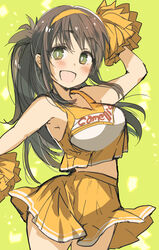  :d arm_up armpits blush breasts brown_hair cheerleader commentary_request cowboy_shot crop_top crop_top_overhang female green_background green_eyes hairband hand_out_of_frame holding holding_pom_poms izumi_rei light_particles long_hair looking_at_viewer midriff open_mouth original outstretched_arms pleated_skirt pom_pom_(cheerleading) skirt smile solo standing yellow_hairband yellow_pom_poms yellow_skirt 