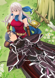  1boy absurdres armor belt black_knight_(fire_emblem) blue_hair blue_scarf blush book breasts brown_gloves closed_mouth commentary commission elbow_gloves english_commentary female fingerless_gloves fire_emblem fire_emblem:_radiant_dawn genm7 gloves grey_eyes grey_trim hand_on_another&#039;s_head highres large_breasts long_hair lying micaiah_(fire_emblem) on_back on_grass scarf smile spoilers sword tree weapon white_hair yellow_eyes zelgius_(fire_emblem) 