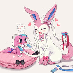  blue_fur blush bow bright_pupils colored_skin cushion fish heart highres kaminokefusa multicolored_fur no_humans on_cushion open_mouth pink_bow pink_fur pink_skin plaid plaid_bow pokemon pokemon_(creature) red_ribbon ribbon simple_background speech_bubble striped_bow sylveon tatsugiri tatsugiri_(droopy) white_background white_bow white_fur white_pupils 